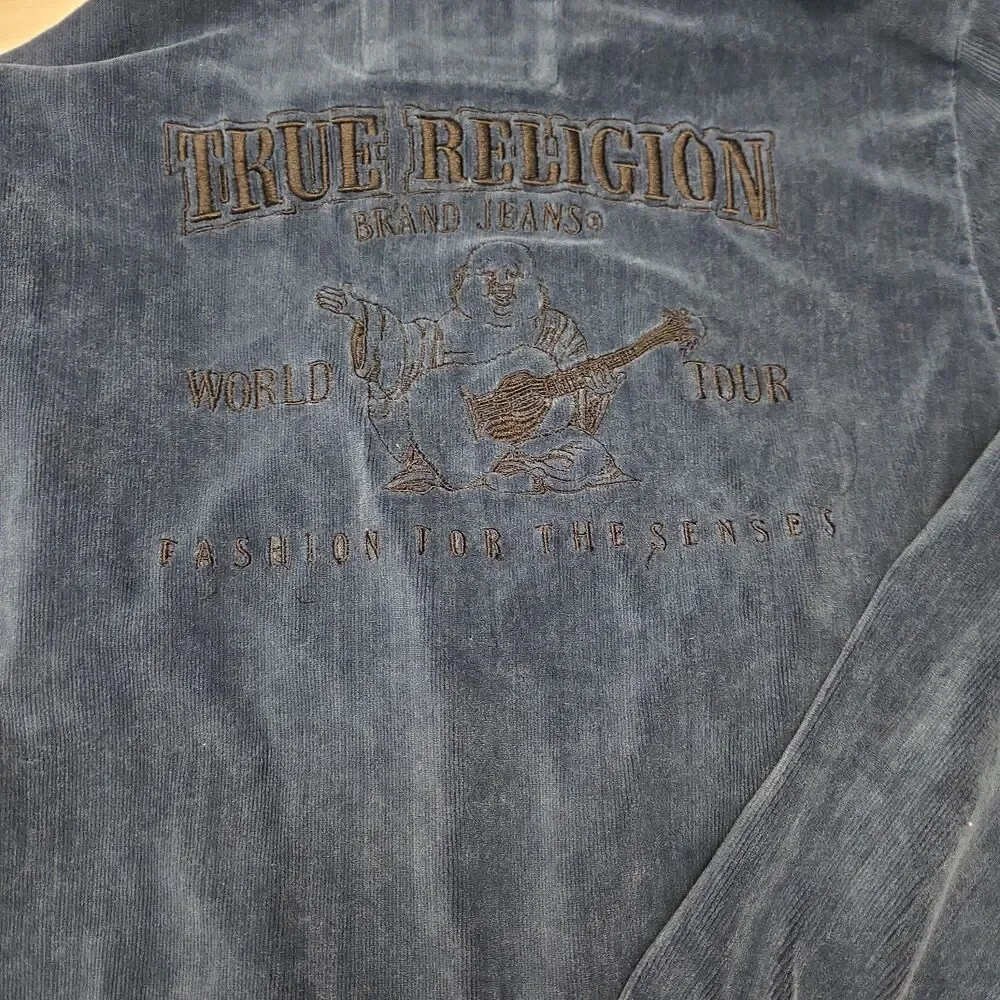 True Religion Mens Blue Corduroy Full Zip Hoodie Jacket Sz Large Buddha Graphic